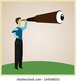 Man standing and looking through a telescope.