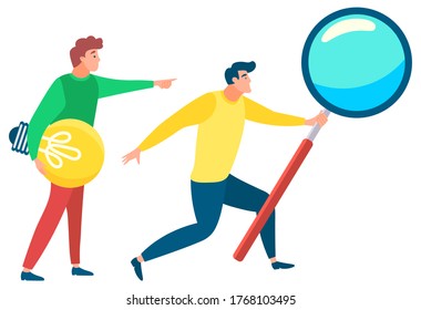 Man standing with magnifying glass. Other person stand with light bulb in hands what symbolizes idea. Business tools for innovations and cooperation. Vector illustration flat style