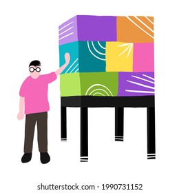 man standing managing boxes stock, modern colorful warehouse, stock management, clip art simple flat design vector illustration isolated on white background.