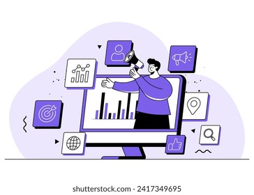 Man standing with megaphone in computer screen, Search result optimization, Business Analysis,  SEO marketing analytics flat vector illustration concept, SEO performance, targeting and monitoring