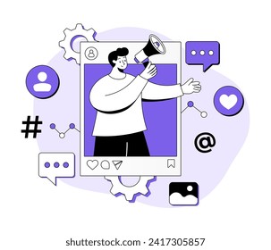 man standing with megaphone in social media feed, Social media marketing concept flat illustration, Digital marketing, E-commerce, Social media campaign, Seo optimization, content marketing