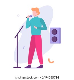 Man standing at microphone on stage and sing. Young adult singer, musician. Artist on performance. Flat vector illustration