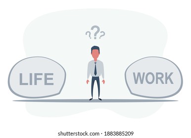 Man Standing in the middle between life and work. Work and Life balance concept. Vector flat design illustration.
