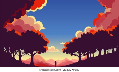 Man standing in the middle of a forest under a blue sky with clouds and trees in the background, colorful flat surreal design, vector art. Cartoon anime background.