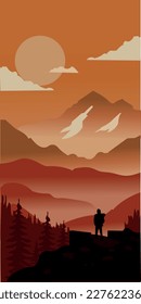  A Man Standing in middle of mountain in amazing sunset oranges theme for phone wallpaper