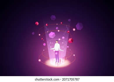A man standing in the middle of three-dimensional Blockchain technology on a neon background. Future Technology Concept Blockchain Cryptocurrency. isometric vector illustration.