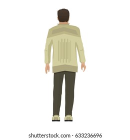 Man standing in modern clothes. Cartoon human isolated on white background. Back view of adult boy. Vector illustration in flat style.