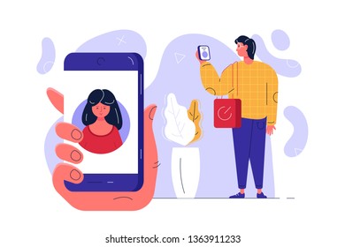 Man standing with modern smartphone vector illustration. Male hand holding cell phone. Girl account on screen flat style design. Social network concept