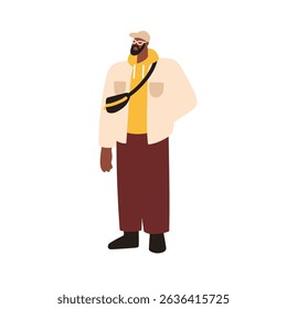 Man standing in modern style outfit. Young African-American male wearing hoodie, cap and glasses, street fashion, trendy urban clothing. Flat vector illustration isolated on white background