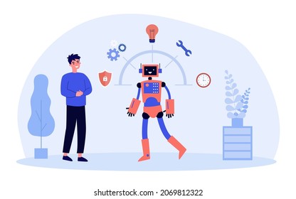 Man standing with multitasking robot. Support, advice of artificial intelligence at work of people flat vector illustration. AI service, chatbot concept for banner, website design or landing web page