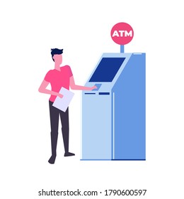 Hombre parado cerca de la máquina atm.Ilustración de estilo plano vectorial. 