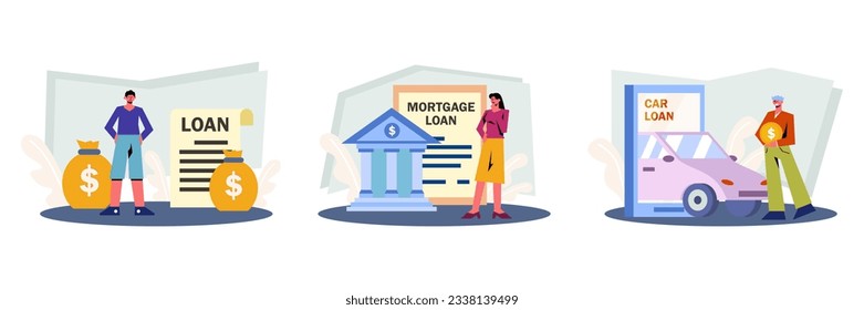 Man standing near bags of money. Lady thinks about mortgage loan. Man borrows money for car. Lending and loan finance in bank. Online bank service concept. Flat vector illustration in blue colors