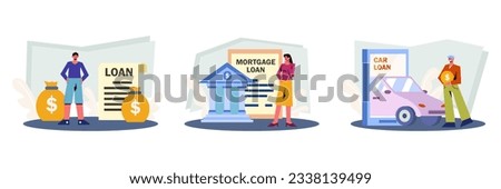 Man standing near bags of money. Lady thinks about mortgage loan. Man borrows money for car. Lending and loan finance in bank. Online bank service concept. Flat vector illustration in blue colors