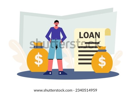Man standing near bags of money. Lending and loan finance in bank. Money for buy valuables. Online bank service concept. Flat vector illustration in blue colors in cartoon style