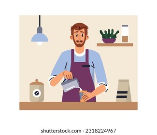 Man standing near bar, holding milk and pours into cup, preparing coffee for client. Professional barista occupation, coffee time concept. Small business owners. Vector flat illustration