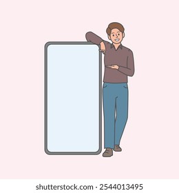 man Standing Near Big Blank Smartphone Copy Space For Online Advertisement, Mockup. vector illustration