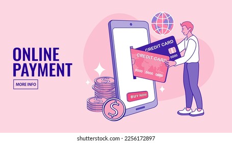 Man standing near big credit card. Minimalism design with exaggerated objects. Internet digital store scene with women shopping E commerce. Online payment concept. Vector flat style illustration.