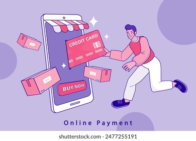 Man standing near big credit card. Minimalism design with exaggerated objects. Internet digital store scene with shopping E commerce. Online payment concept. Vector flat style illustration.