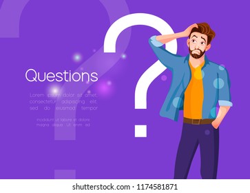 Man standing near big question symbol and he needs to ask help. Cartoon concept vector illustration of online support on purple background.