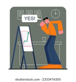 Man standing near board with chart and happy for successful grow. Handsome employees move up career ladder and achieve goals by successfully completing tasks. Flat vector illustration in cartoon style