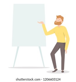 Man standing near board with presentation. Business cartoon character. Speaker pointing at board during presentation. Business presentation concept.  Vector illustration