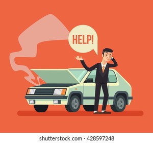 Man Standing Near Broken Car And Calling. Vector Flat Cartoon Illustration