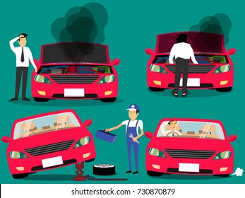 Man Standing Near Broken Car And Confused. Vector Flat Cartoon Illustration