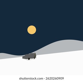 Man standing near by broken car on snowy roadside at night mountain and full moon on background.