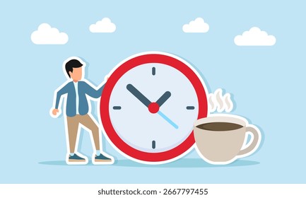 Homem de pé perto de um relógio e uma xícara de café ilustração para apreciação e celebração do dia de café
