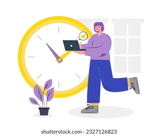 Man standing near clock, finishing job. Worker successfully organize tasks and meetings, manage time and schedule, plan project tasks. Time management concept. Vector flat illustration