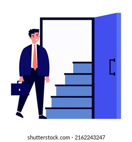 Man standing near closed door and man going into open one flat vector illustration. Social inequality making obstacles for work and business