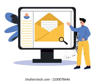 A man is standing near the computer. Computer monitor, open email. The man received a letter in the mail. Business Illustration