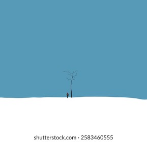 Man standing near deadly tree on mountain cover with snow under clear blue skies. Winter season natural background.