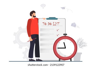 A man standing near to do list with pencil, month scheduling,  time management concept, plan fulfilled, task completed, timetable, check list planning, schedule concept, flat vector illustration