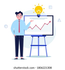 Man standing near flip chart and pointing graph. Flat design vector illustration