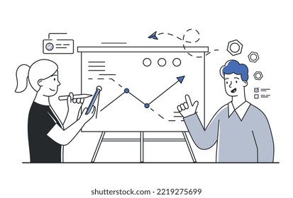 Man standing near flip chart. Young guy and woman draw graphs and diagrams. Creation of infographics, work with statistics and analysis. Marketing research concept. Cartoon flat vector illustration