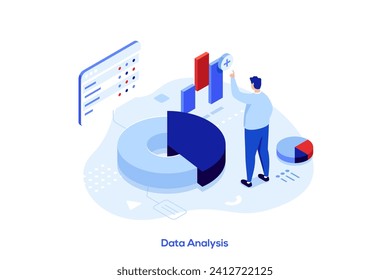 Man standing near giant pie chart and analyzing statistical information represented by charts, graphs and diagrams. Big data analysis process. Vector illustration in flat style for poster, banner.