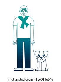 man standing near her schnauzer dog