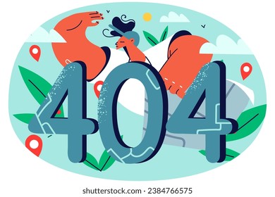 Man standing near huge 404 symbol showing web page not found. Male user have error or mistake with computer. Vector illustration.