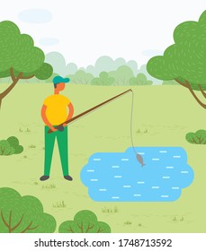 Man standing near lake or pond with rod. Person fishing on mere and just caught fish called carp. Male doing hobby outdoor. Beautiful landscape of park on background. Vector illustration in flat style