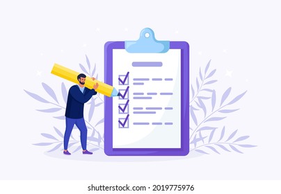 Man is standing near large to do list and filling out checkbox. Plan fulfilled, task completed. Month planning, time management. Daily checklist. Vector illustration