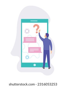 Man standing near mobile phone and touch screen, asking question to support service. Call center service operator. Online clients support. Flat vector illustration in blue colors