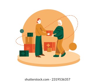 Man standing near old male, giving box with food and medicine. Active youth doing charity. Colored cartoon characters volunteering. Donations from community support for elderly person. Vector