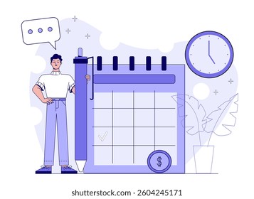 Man standing near oversized calendar holding giant pen, clock on wall, speech bubble above, light abstract background with plants. Concept of time management. Vector illustration