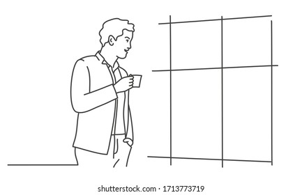 Man is standing near panoramic window with cup. Contour drawing vector illustration.