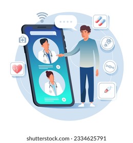 Man standing near phone and selecting medical specialist. Online medical advice, consultation service and telemedicine. Quick and easy way to receive medical advice. Flat vector illustration