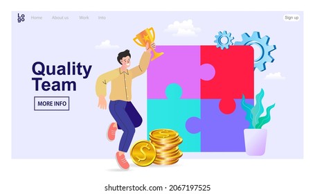 man standing near pile of coins holding trophy. golden cup and confetti. Business team achievements. Get reward and celebrate. business people assembling jigsaw puzzle and represent team support.