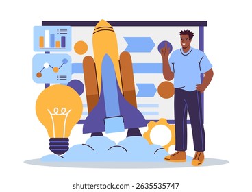 Man standing near rocket and graphs, symbolizing business startup and innovation, with abstract elements like lightbulb and charts on white background. Vector illustration