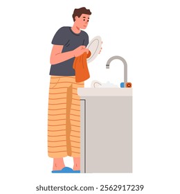 Man standing near sink wipes the plates with a towel flat vector illustration isolated on white. House chores.