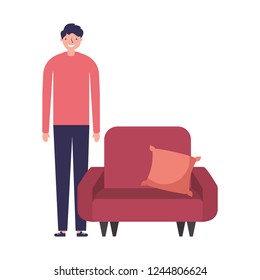 man standing near sofa with cushion